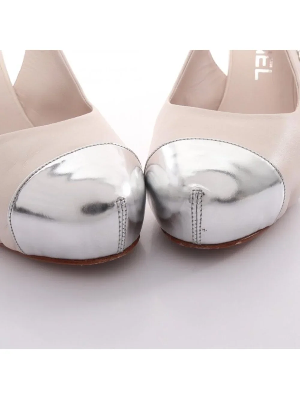 Chanel Pumps CC Logo Cap Toe Pink Silver Leather Heels